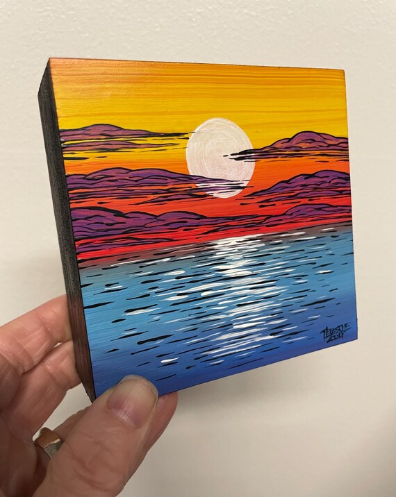 4x4” Land’s Limit Golden Rainbow Sunrise Seascape Painting by Tracy Levesque