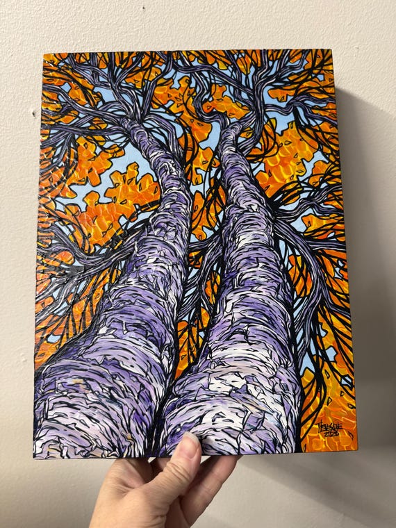 Looking Up the Fall Birches tree painting by Tracy Levesque (9x12”)