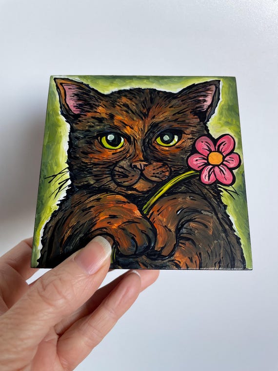 4x4” Adorable Tortie cat holding a flower tortoise shell cat happy cat painting by Tracy Levesque