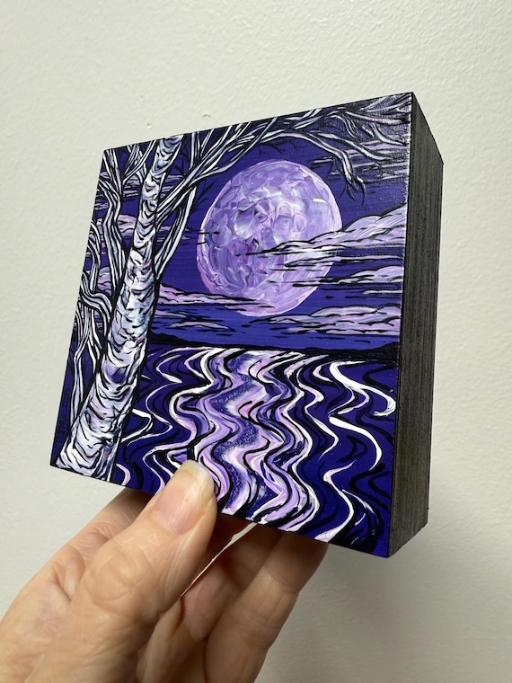 4x4" Purple Moon Birch Beautiful Night Sky Water Scene painting by Tracy Levesque