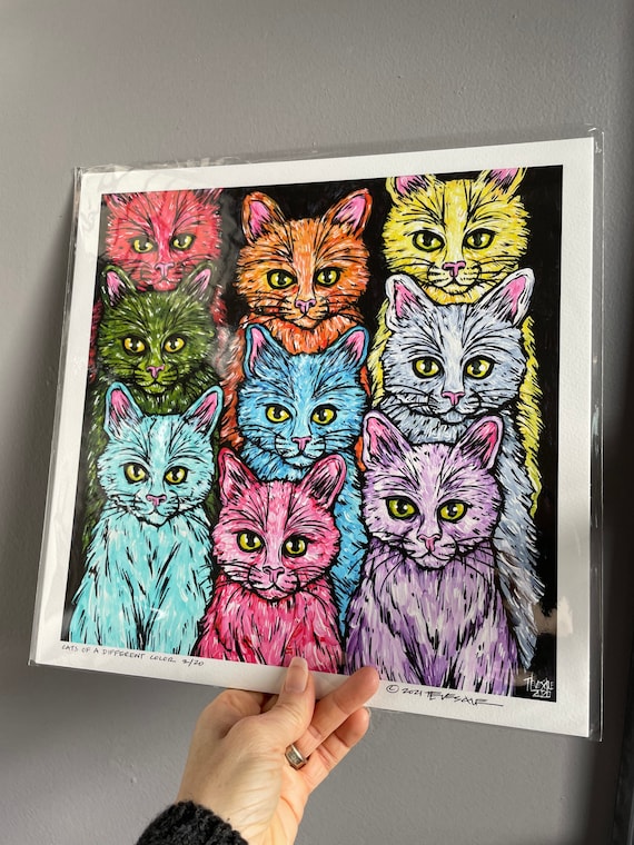 12x12” Cats of a Different Color Rainbow Cats fine art giclee print by Tracy Levesque