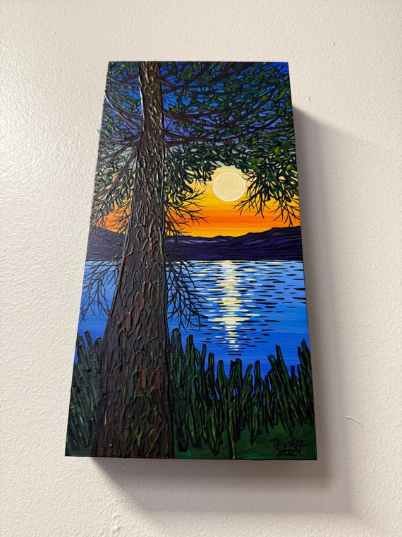6x12” Late Summer Sunset Beautiful Lake Scene Tree painting by Tracy Levesque
