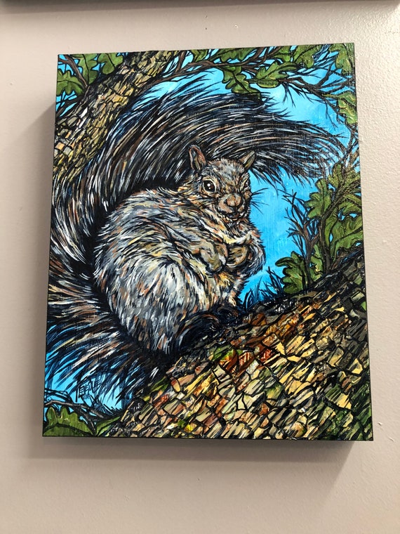 11x14" Squirrel in Tree original acrylic painting by Tracy Levesque