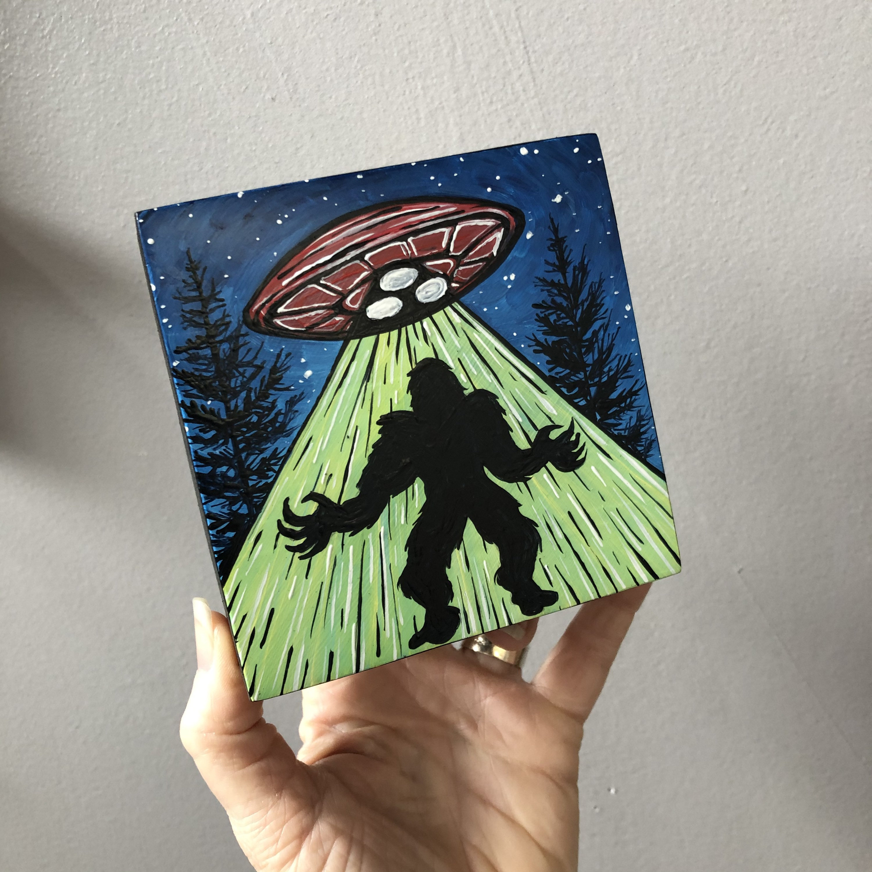 Sasquatch Bigfoot UFO Abduction 4x4” original acrylic painting by