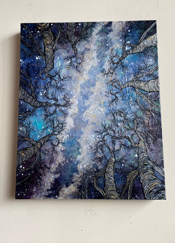 16x20” Cosmic Milky Way Looking Up the Trees at the Night Sky original acrylic painting by Tracy Levesque