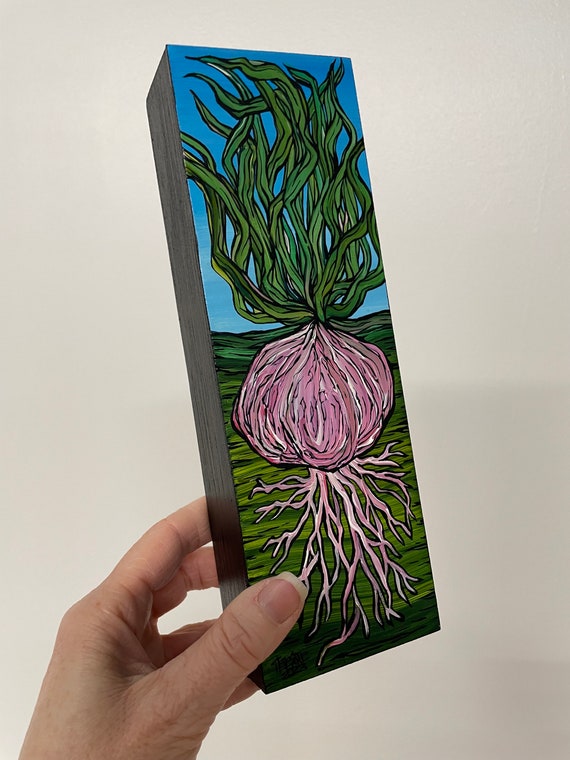 3x9” Garden Garlic painting by Tracy Levesque