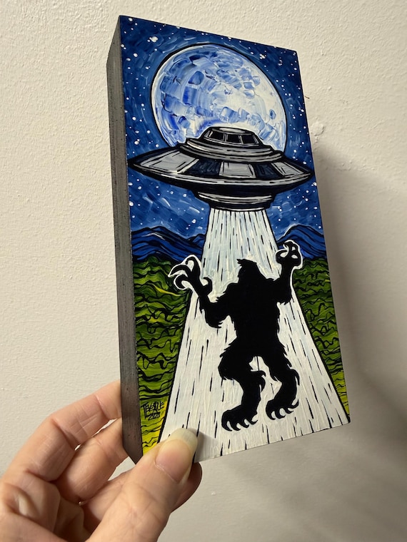 4x8” Bigfoot Sasquatch UFO Painting by Tracy Levesque