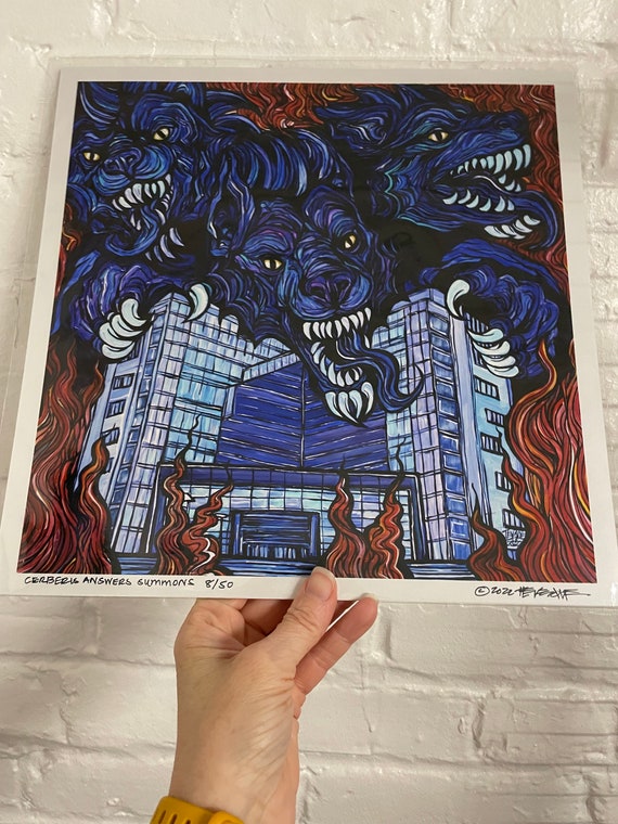12x12” Lowell Monsters Print Cerebus Answers Summons at Lowell Justice Center Merrimack Valley Monster Print by Tracy Levesque