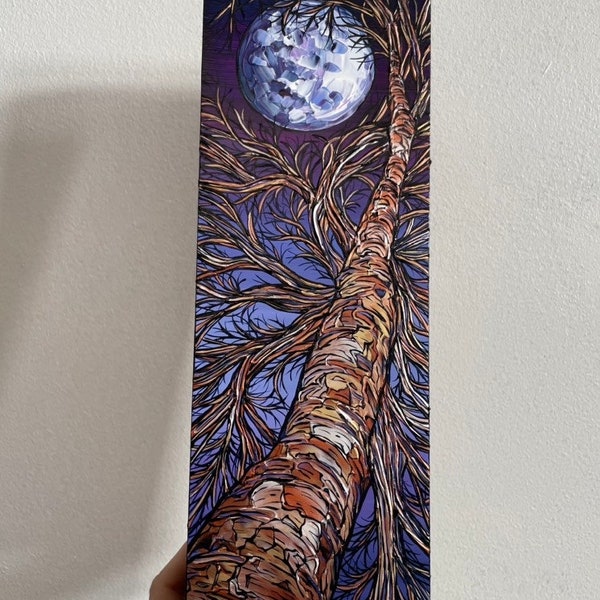 4x12” Night Sky Full Moon Looking Up the Tree at Night original acrylic painting by Tracy Levesque