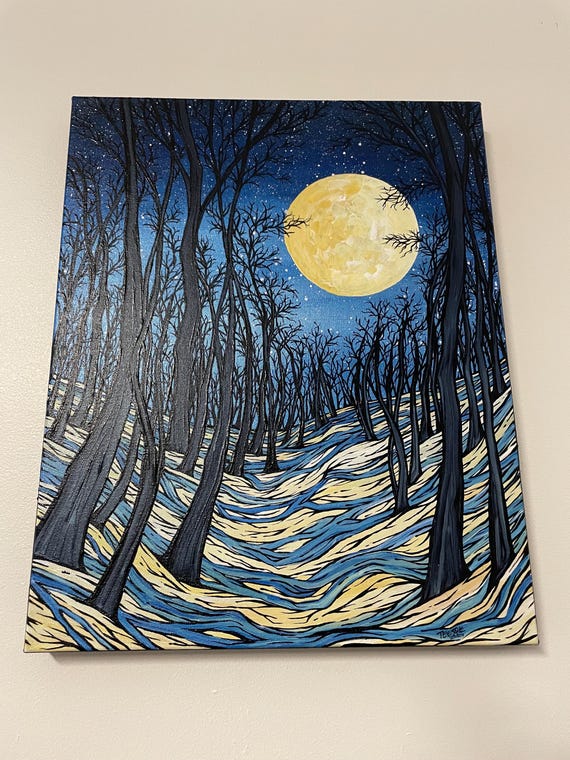 16x20” Winter Solstice Moon Snow Scene New England Night Sky original acrylic painting by Tracy Levesque