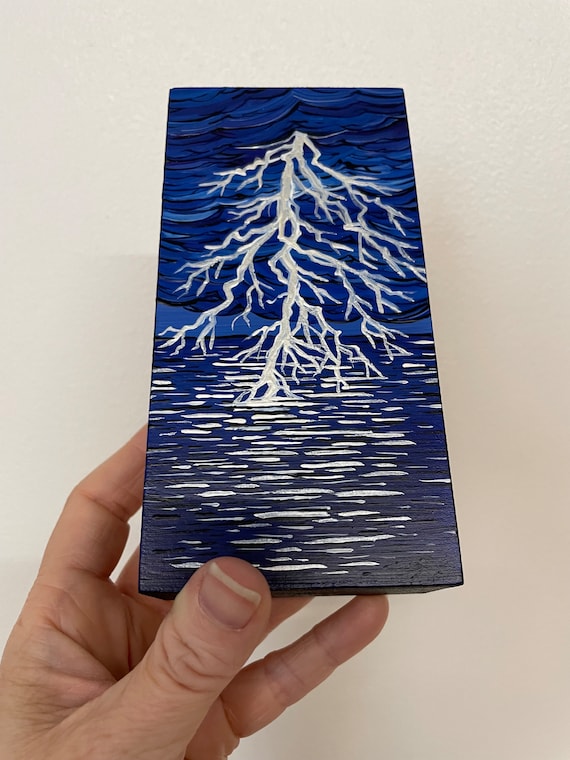 3x6” Blue Lightning Seascape Original Painting by Tracy Levesque