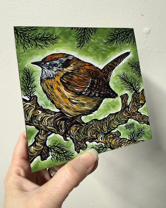 Original Wren Bird Painting on Wood Panel (5x5")