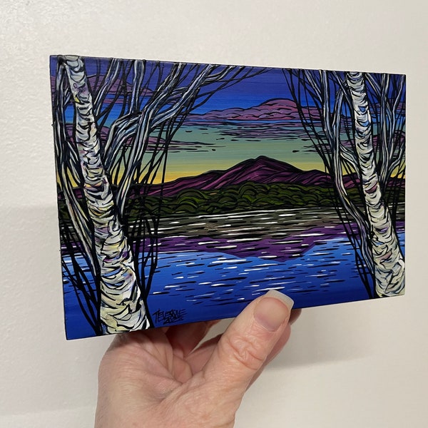4x6” New England Birch Lake Mountain Scene Landscape Painting by Tracy Levesque