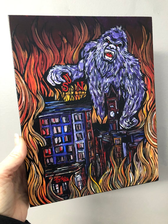 Monster Gorilla Attacks Lowell SUN Building Lowell Monster 8x10” original acrylic painting by Tracy Levesque