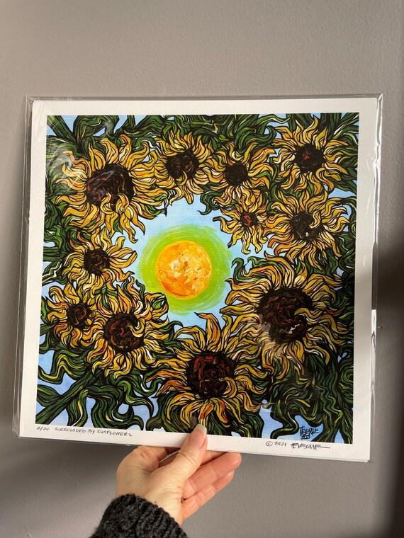 12x12” Surrounded by Sunflowers looking up at the Sun flower fine art giclee print featuring artwork by Tracy Levesque