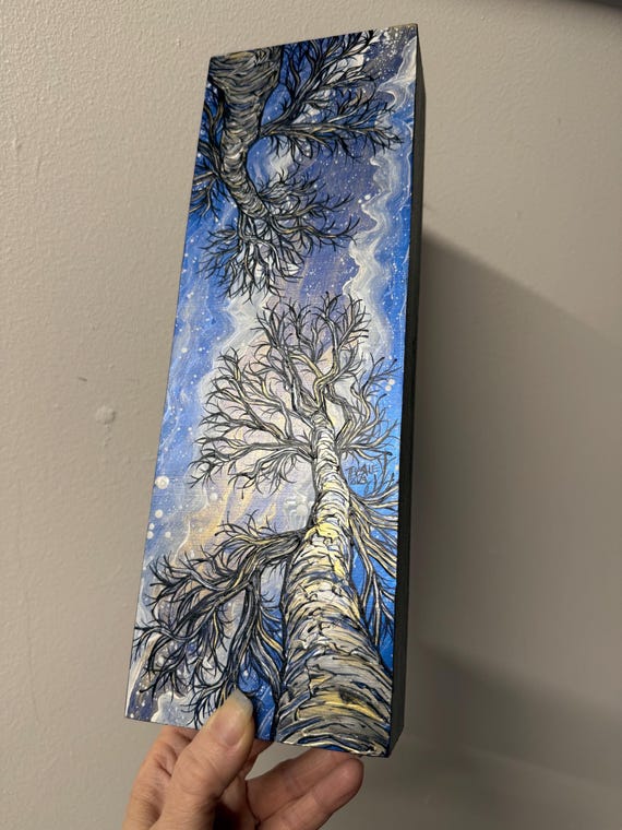 4x12” Cosmic Twin Milky Way Trees iridescent acrylic painting by Tracy Levesque