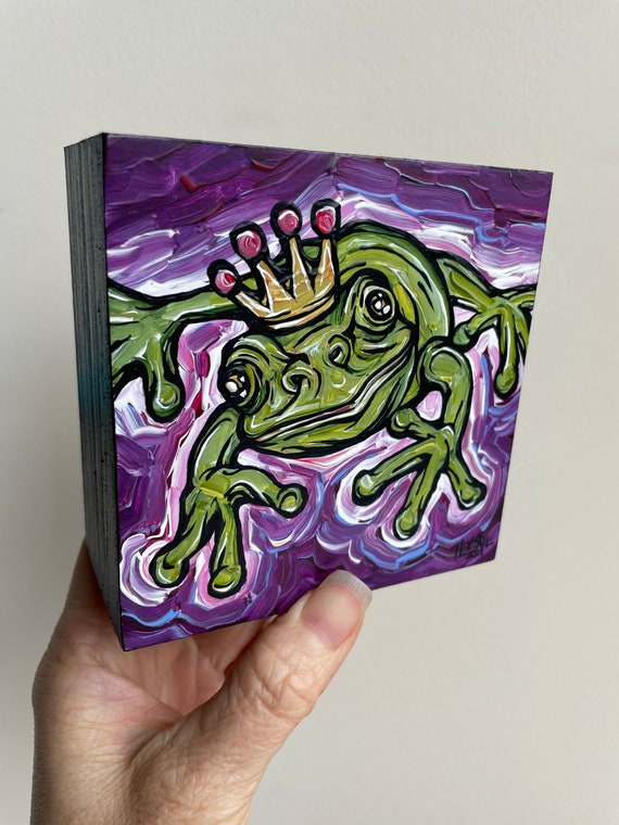 4x4” Frog Prince mini original acrylic painting by Tracy Levesque