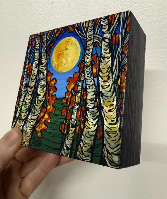 4x4" Sunny Fall Birch Grove Autumn Birch Tree painting by Tracy Levesque