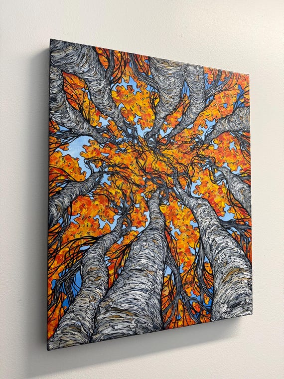 Underneath the Autumn Birch Trees Surrounded by Trees View original painting by Tracy Levesque (24x30”)