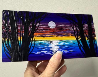 Rainbow Sunset Moonrise Tree Painting by Tracy Levesque (4x8”)