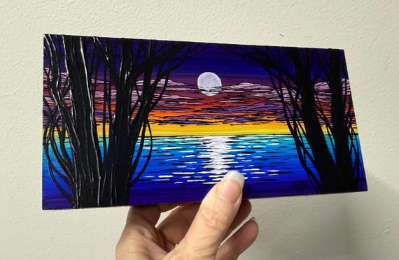 Rainbow Sunset Moonrise Tree Painting by Tracy Levesque (4x8”)