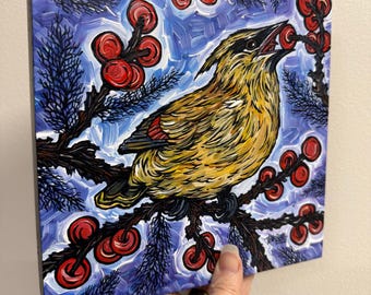 Cedar Waxwing Eating Berries: acrylic painting by Tracy Levesque (8x8”)