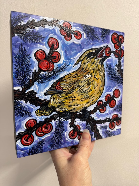 Cedar Waxwing Eating Berries: acrylic painting by Tracy Levesque (8x8”)