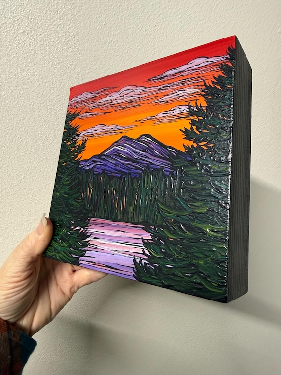 6x6" Sunset Mount Washington original acrylic painting on wood by Tracy Levesque