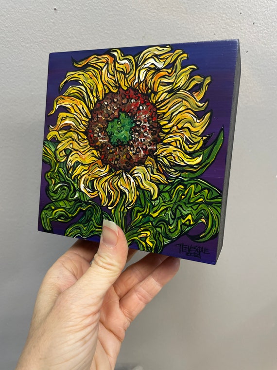 5x5” Violet Sunflower Flower painting by Tracy Levesque