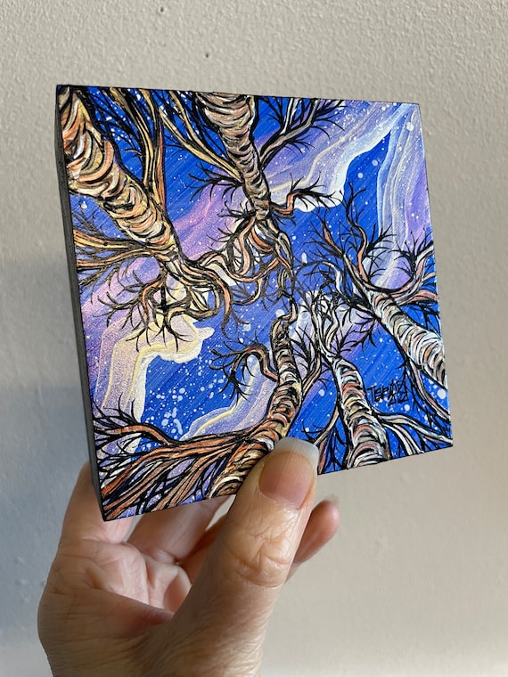 4x4” Milky Way Trees Cosmic View Blue Night Sky painting by Tracy Levesque