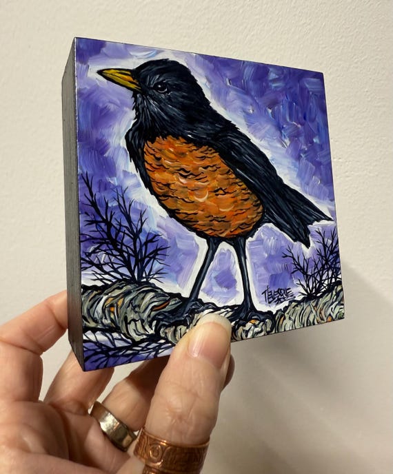 4x4” American Robin Painting Bird Painting Original Art by Tracy Levesque