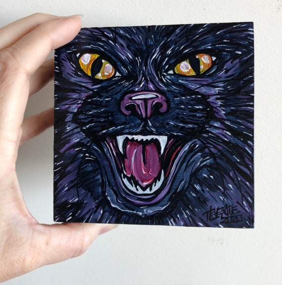 4x4” Fangpurra Black Cat original acrylic painting by Tracy Levesque