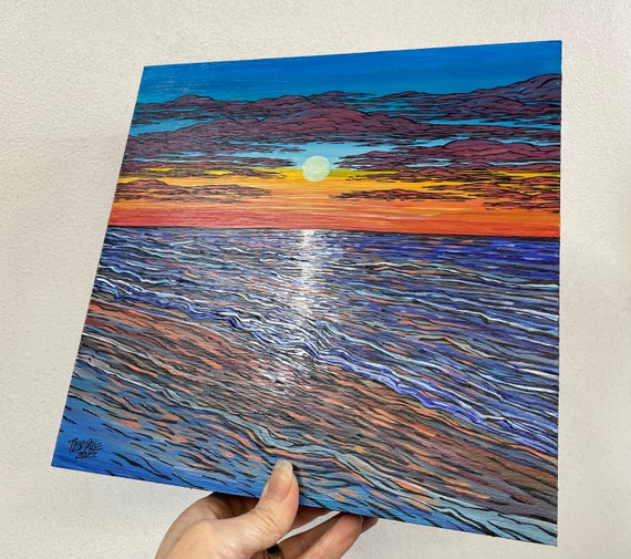 10x10” Gorgeous Rainbow Seascape Where Dreams Are ocean beach original acrylic painting by Tracy Levesque