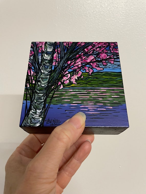 4x4" Cherry Blossom on the Lake landscape painting by Tracy Levesque