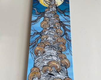 Birch Tree & Shelf Mushrooms Acrylic Painting: Sunny Day Perspective (12x36”)