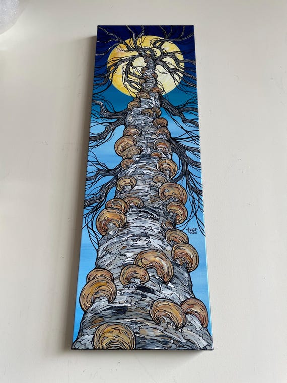 12x36” Birch Tree with Shelf Mushrooms Birch Bracket Sunny Day Perspective Looking Up the Birch Tree Acrylic Painting by Tracy Levesque