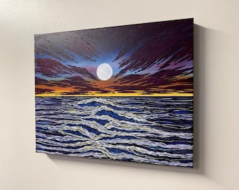 Illuminated Seascape Sunset Moonrise Ocean Painting: Original Acrylic on Canvas, 16x20"