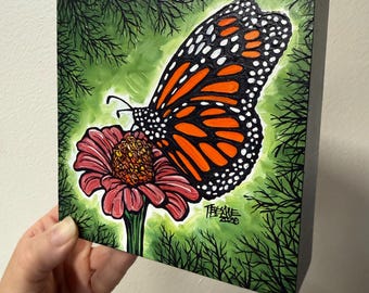 Monarch Butterfly on Coneflower Original Acrylic Nature Painting by Tracy Levesque (5x5”)