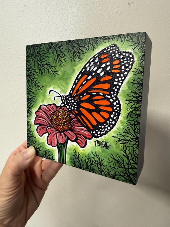 Monarch Butterfly on Coneflower Original Acrylic Nature Painting by Tracy Levesque (5x5”)