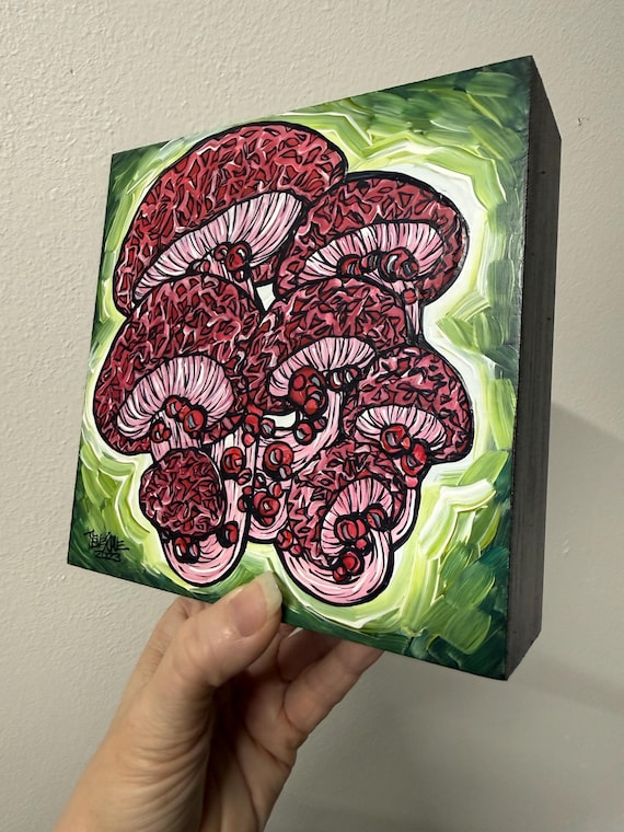 6x6" Mosaic Mushrooms Red Fungi acrylic painting on wood by Tracy Levesque