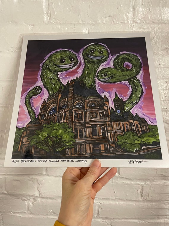 12x12” Lowell Monsters Print Bookworms Engulf Pollard Memorial Library Lowell Library Merrimack Valley Monster Print by Tracy Levesque