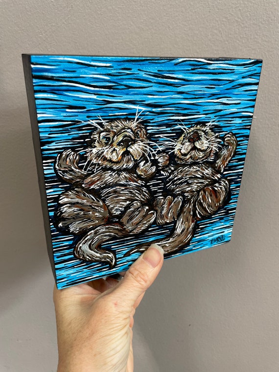 6x6” Otter Loves Afloat original acrylic painting of swimming otters by Tracy Levesque