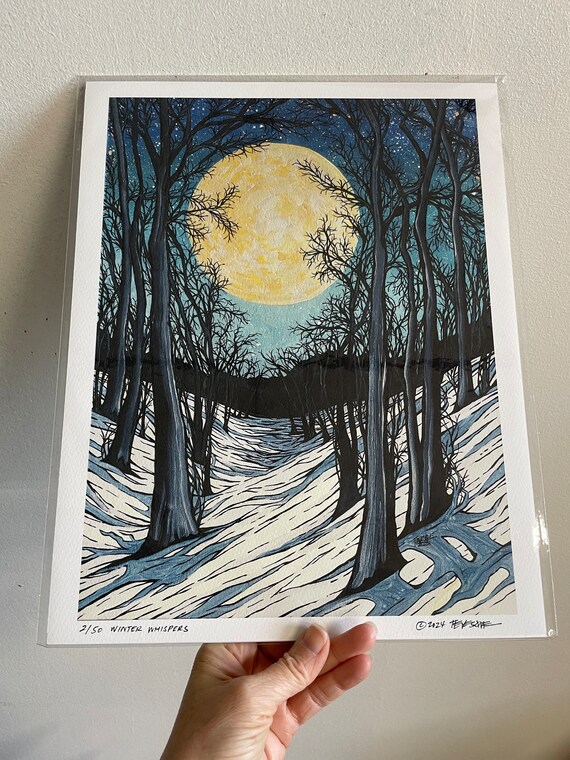 11x14” Giclee print of Winter Whispers New England Winter Scene Full Moon Snowy Landscape print by Tracy Levesque