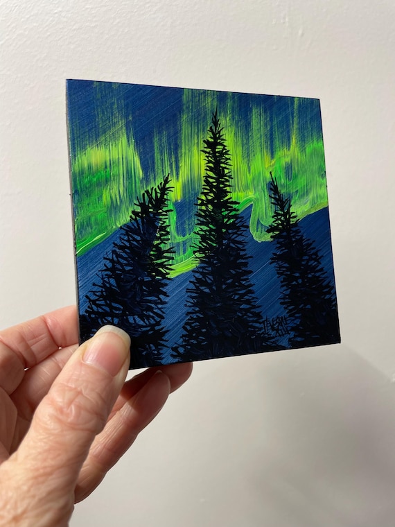 4x4" Northern Lights Green Aurora Borealis Gorgeous Neon UV Reactive Night Sky painting by Tracy Levesque