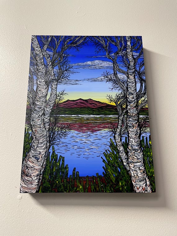 12x16” New Hampshire Birch Trees on the Lake White Mountains Dawn Lake View beautiful lake and mountains painting by Tracy Levesque