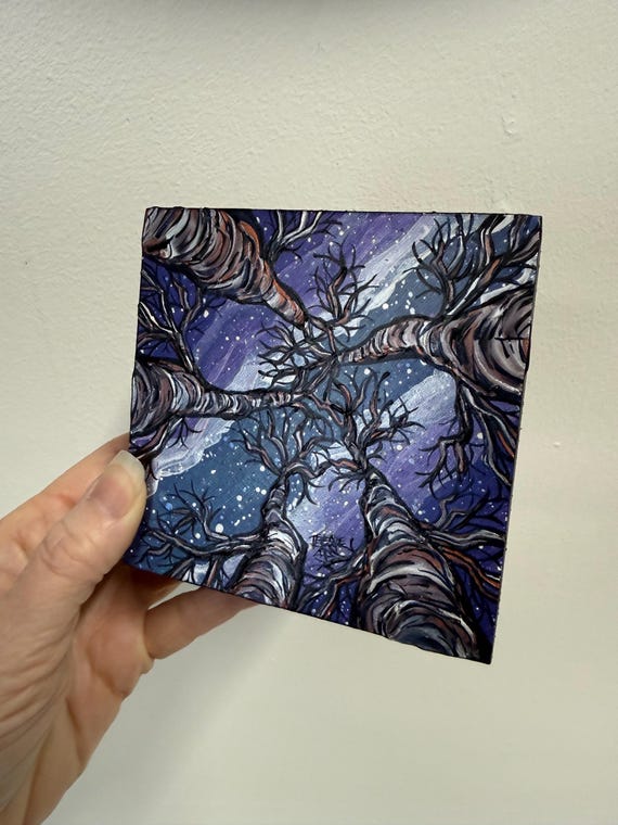 Dream Sky Looking Up at the Trees Acrylic Painting Night Sky 4x4”