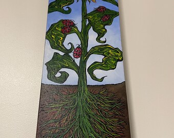 8x24” Ladybugs and Sunflower Painting by Tracy Levesque