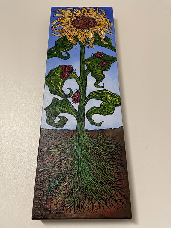 8x24” Ladybugs and Sunflower Painting by Tracy Levesque