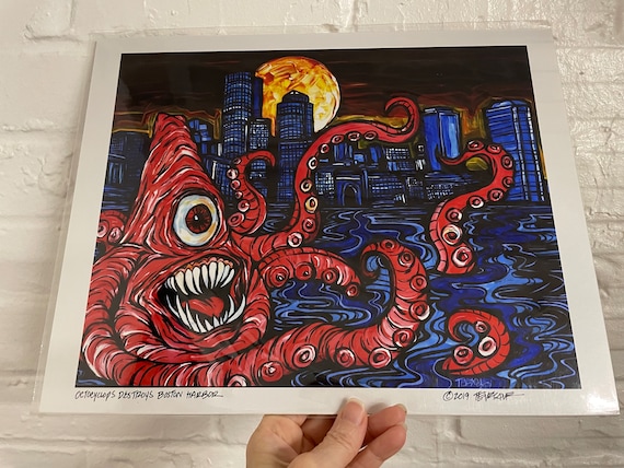 11x14” Boston Monsters Print Octocyclops Destroys Boston Harbor Boston Waterfront One-Eyed Octopus Monster Print by Tracy Levesque