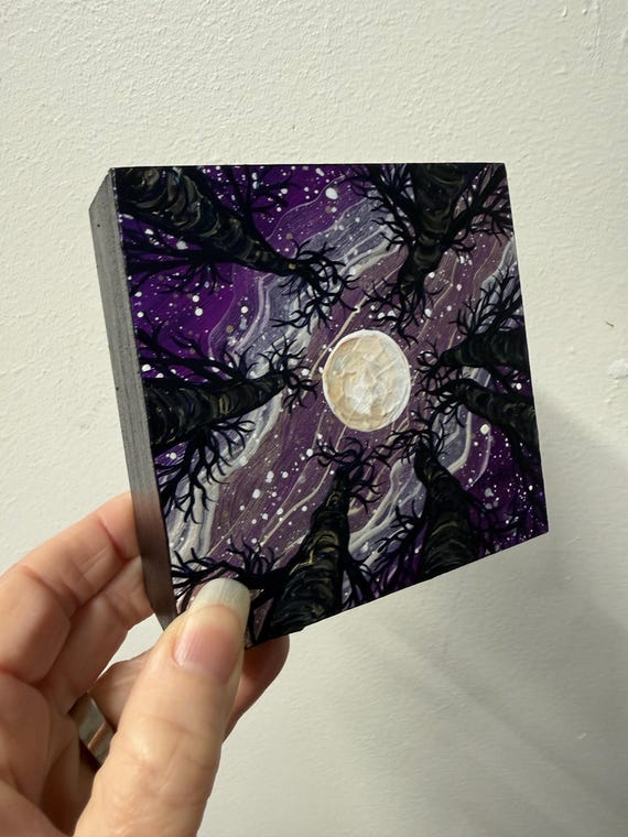 Milky Way Moon Looking Up the Trees Painting (4x4”)